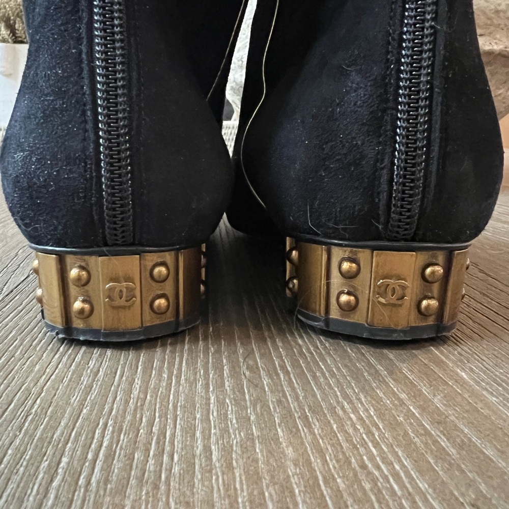 Chanel Vintage Tall Black Suede Boots with Gold Accents. Size 40C